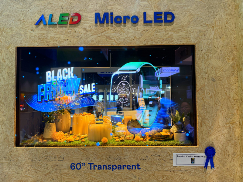 NG娱乐60吋高透明度Micro LED显示器获”最佳Micro LED技术应用奖”，将Micro LED面板透明化之设计特性极致发挥，以可扩展性无缝拼接技术打造，具备600 nits全画面亮度、大于60%穿透率及超过NTSC 110%的优异广色域表现，可依需求灵活应用于各种场域